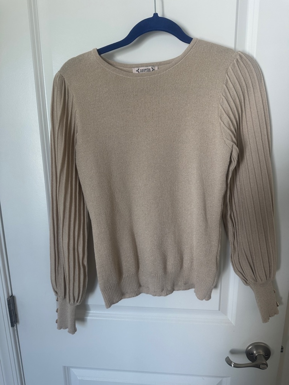 Nanette Lepore Beige Ribbed-Puff Crewneck Sweater